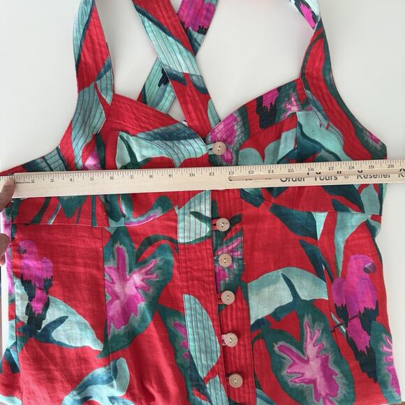 Farm Rio Dress XL Red Floral 100% Linen Tropical Summer Foliage Mini Resort - Picture 9 of 13